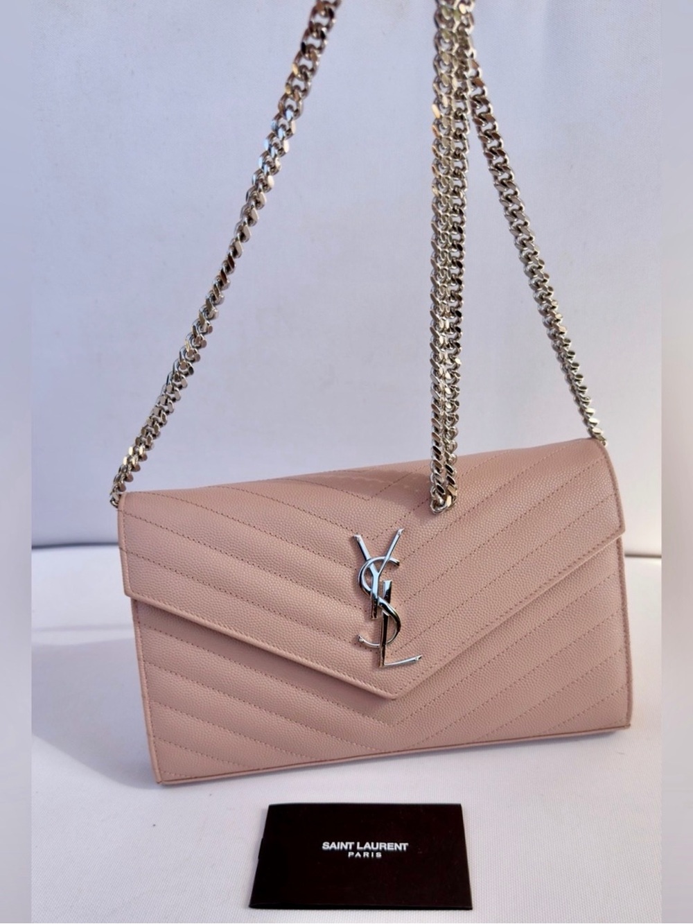 Saint Laurent CASSANDRE Silver Chain Wallet GRAIN DE POUDRE LEATHER Pink Beige